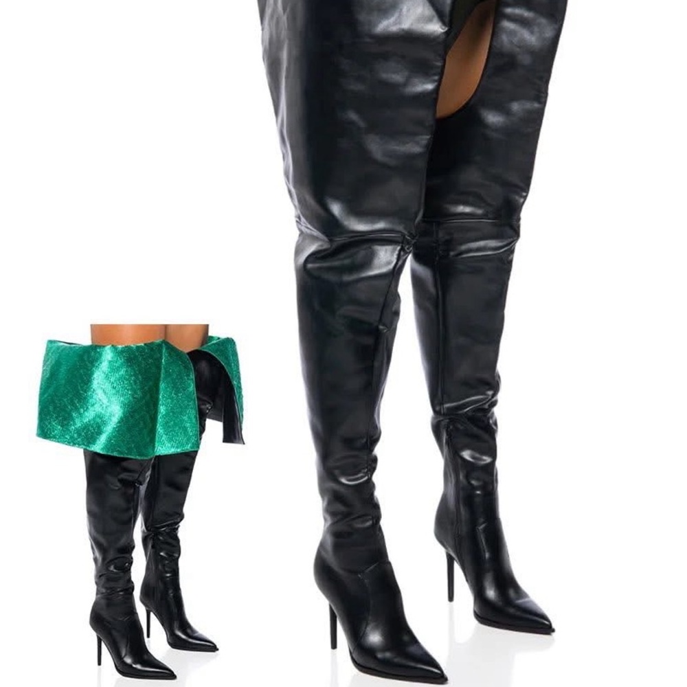 AKIRA Black and Green Over-the-Knee Boots
